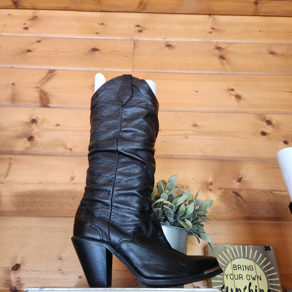 Vibram Sole Vintage Black Leather Western Slouch Heel Cowgirl Boots Festival 6M - Picture 3 of 9